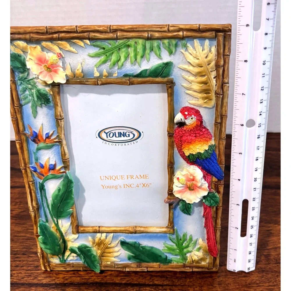 Tropical Parrot Photo Frame 4x6 Macaw Hibiscus Faux Bamboo Coastal Island Décor
